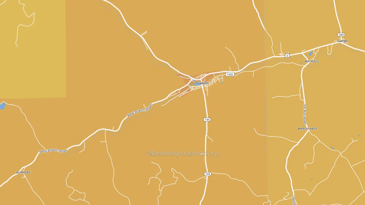 Map of the best neighborhoods in the Galeton area, with better matches in green and worse matches in red