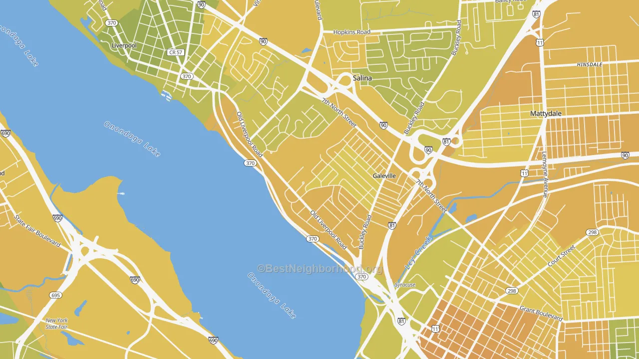 Map of the best neighborhoods in the Galeville, Liverpool area, with better matches in green and worse matches in red