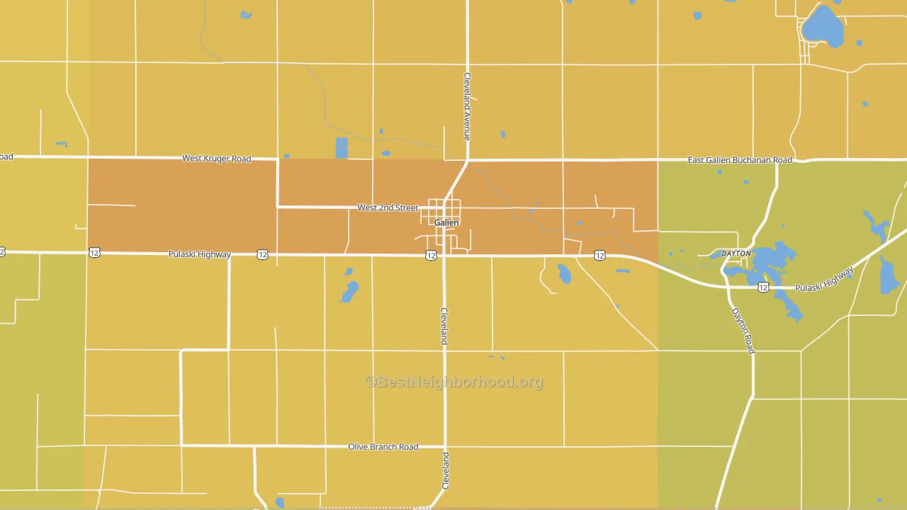 Map of the best neighborhoods in the Galien area, with better matches in green and worse matches in red