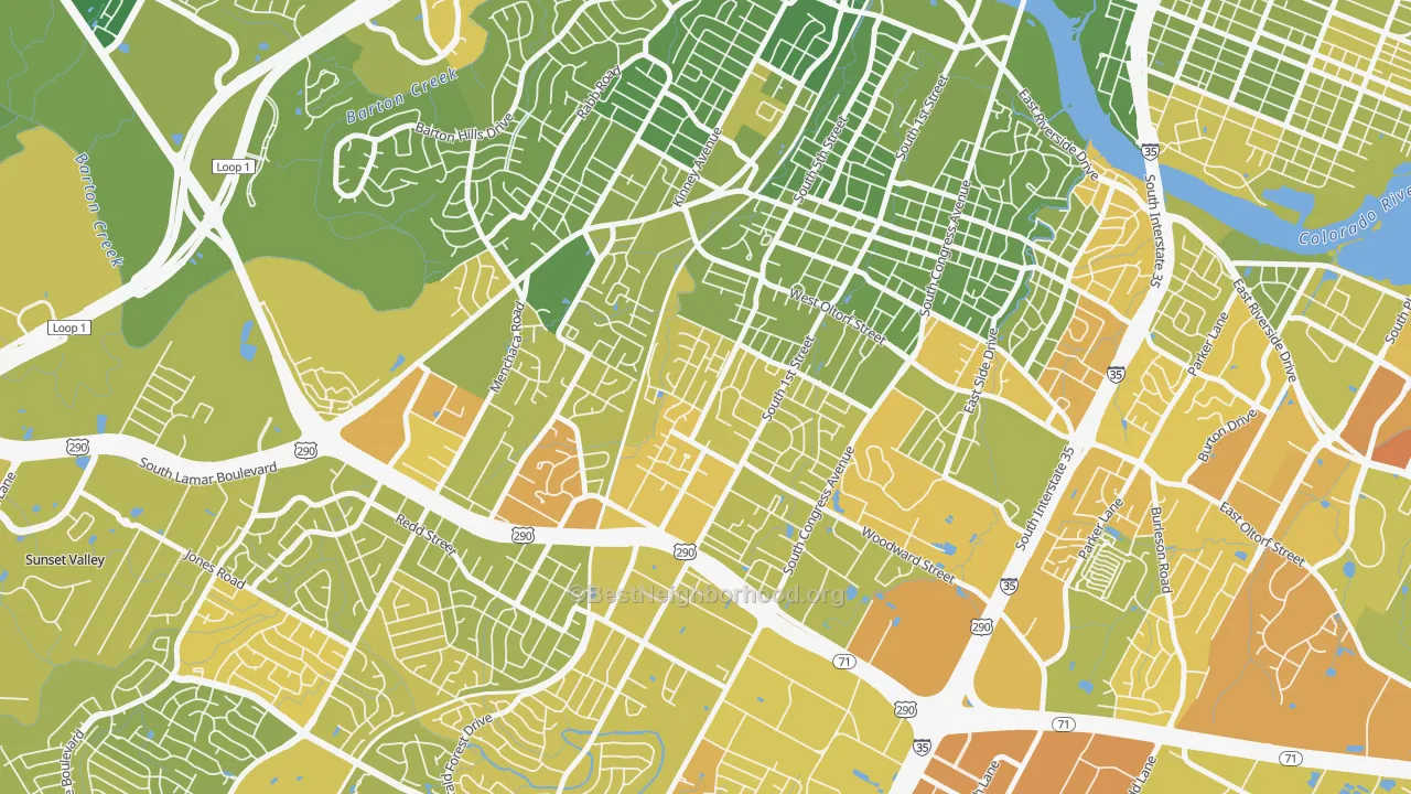 Map of the best neighborhoods in the Galindo, Austin area, with better matches in green and worse matches in red