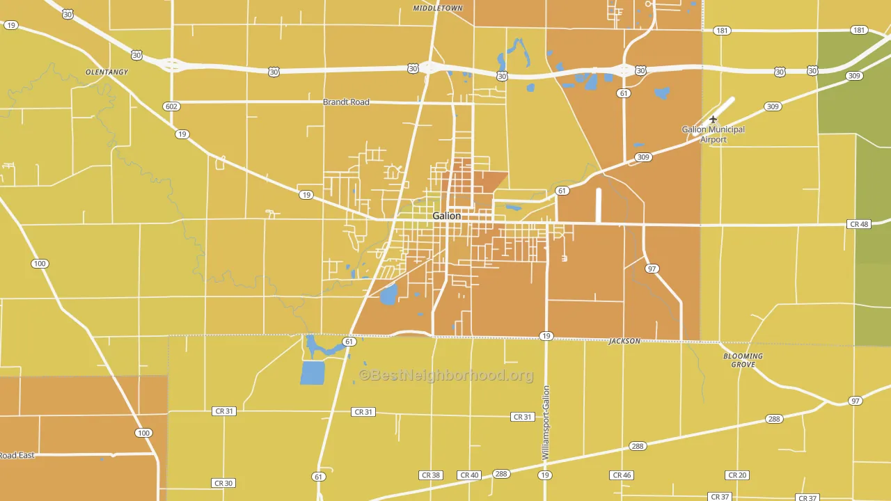 Map of the best neighborhoods in the Galion area, with better matches in green and worse matches in red