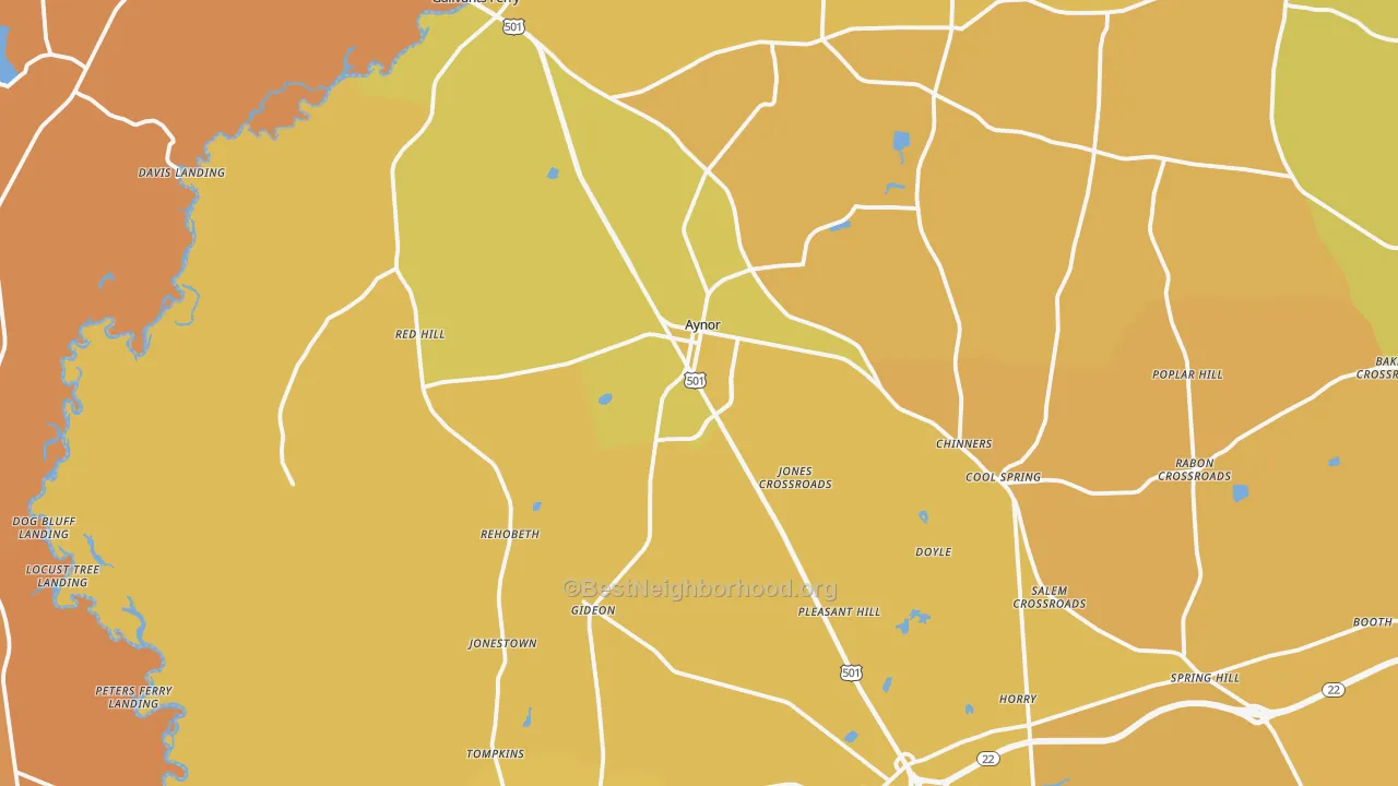 Map of the best neighborhoods in the Galivants Ferry area, with better matches in green and worse matches in red
