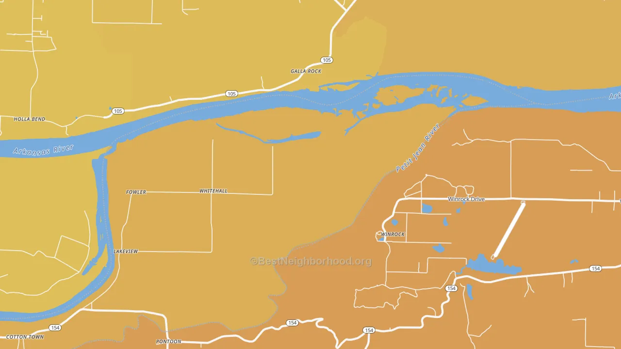 Map of the best neighborhoods in the Galla Rock area, with better matches in green and worse matches in red