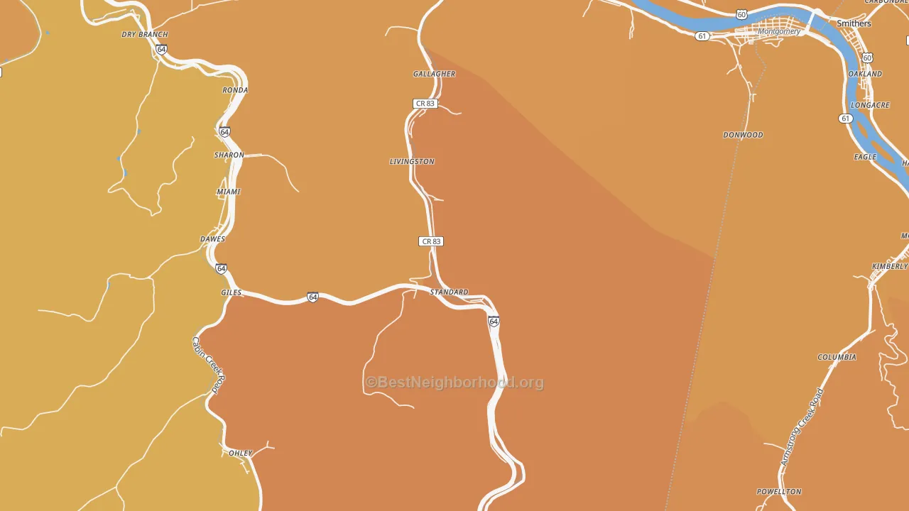 Map of the best neighborhoods in the Gallagher area, with better matches in green and worse matches in red