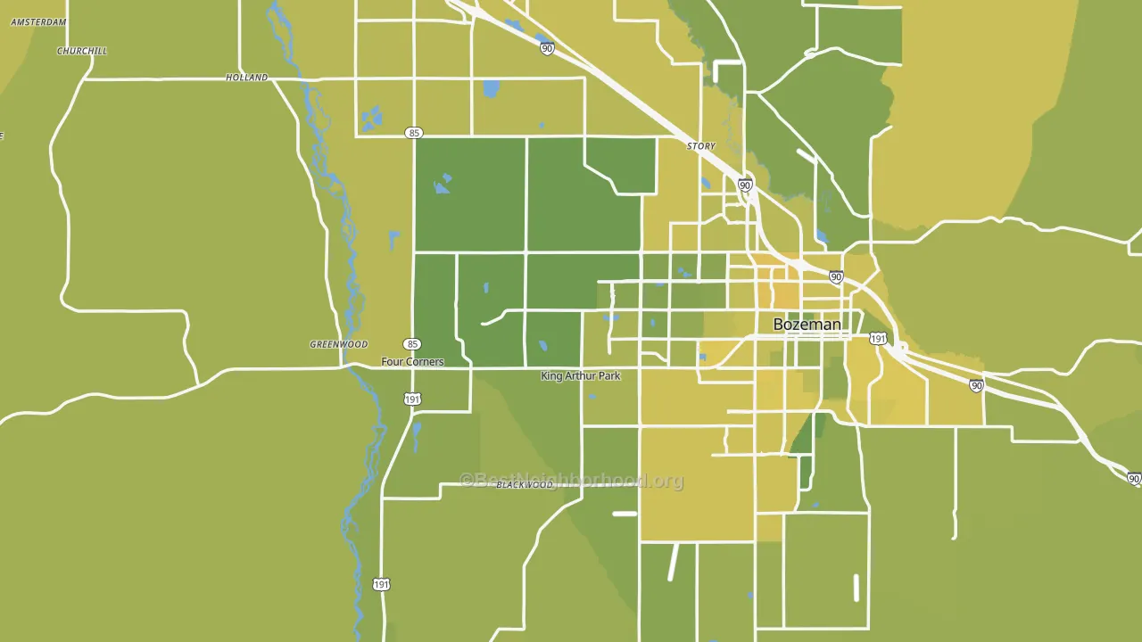 Map of the best neighborhoods in the Gallatin County area, with better matches in green and worse matches in red