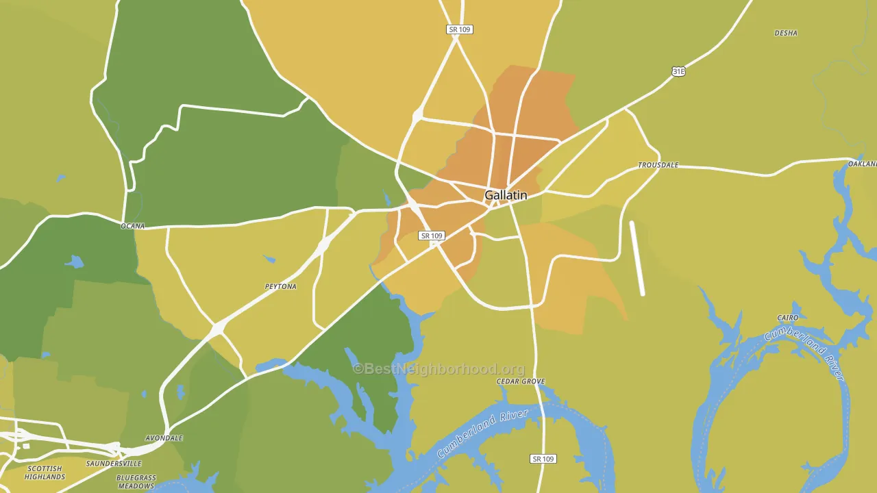 Map of the best neighborhoods in the Gallatin area, with better matches in green and worse matches in red