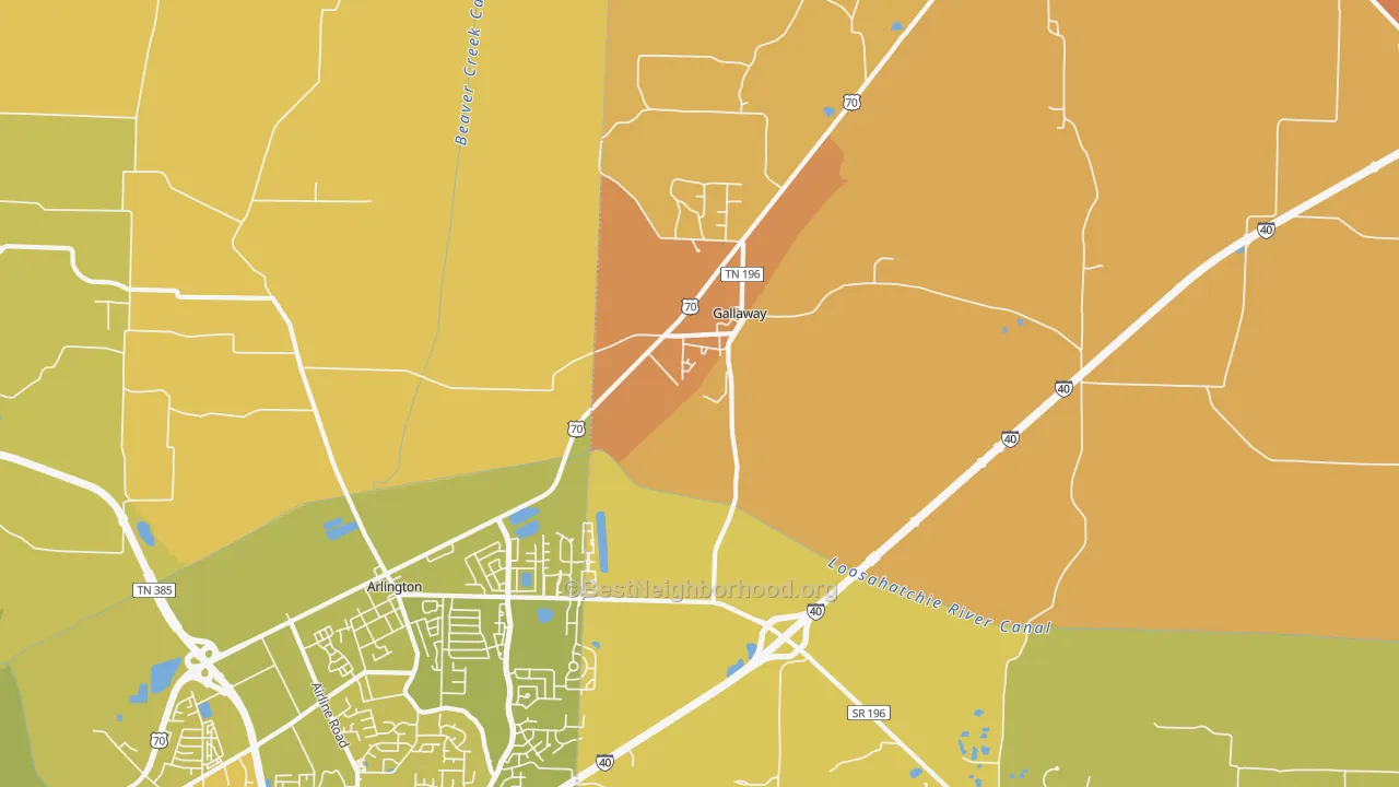 Map of the best neighborhoods in the Gallaway area, with better matches in green and worse matches in red
