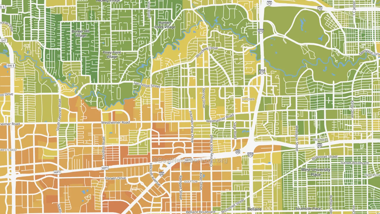Map of the best neighborhoods in the Galleria-Uptown, Houston area, with better matches in green and worse matches in red
