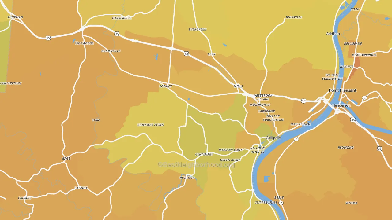 Map of the best neighborhoods in the Gallia County area, with better matches in green and worse matches in red