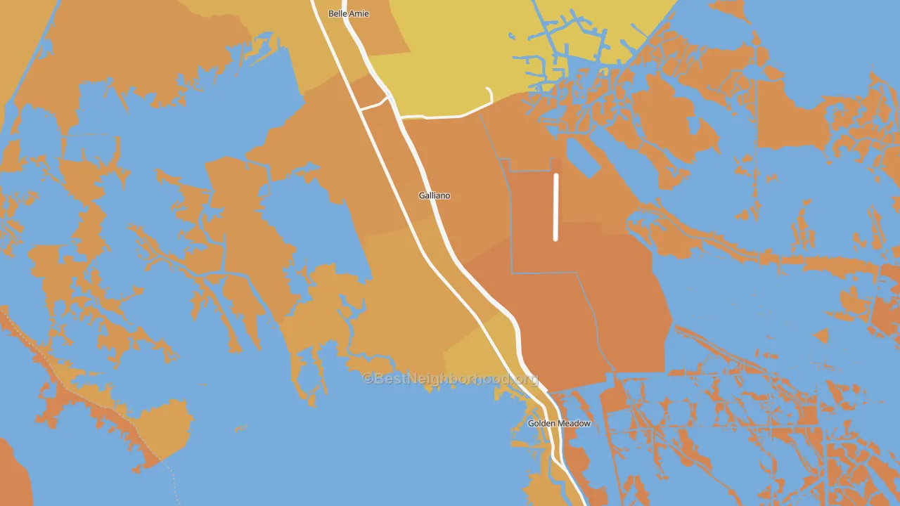 Map of the best neighborhoods in the Galliano area, with better matches in green and worse matches in red