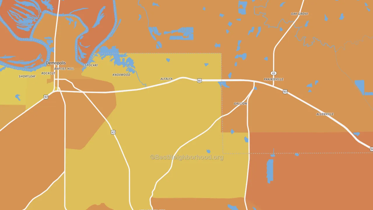 Map of the best neighborhoods in the Gallion area, with better matches in green and worse matches in red