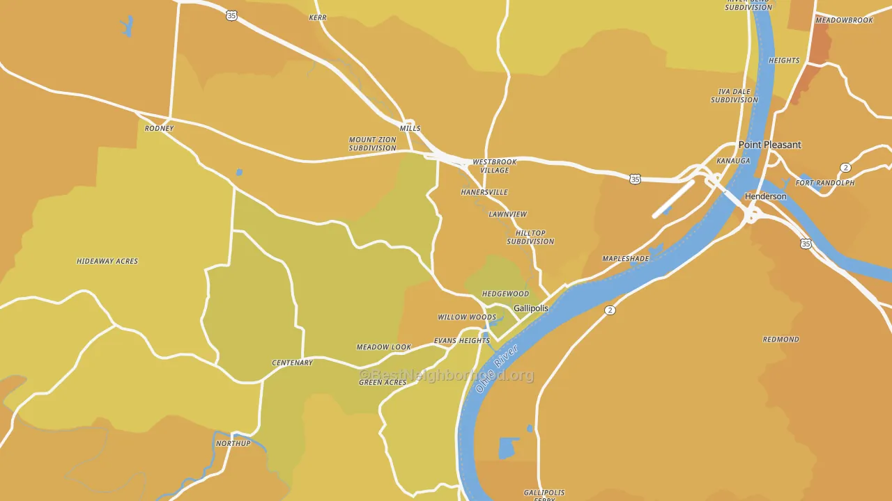 Map of the best neighborhoods in the Gallipolis area, with better matches in green and worse matches in red