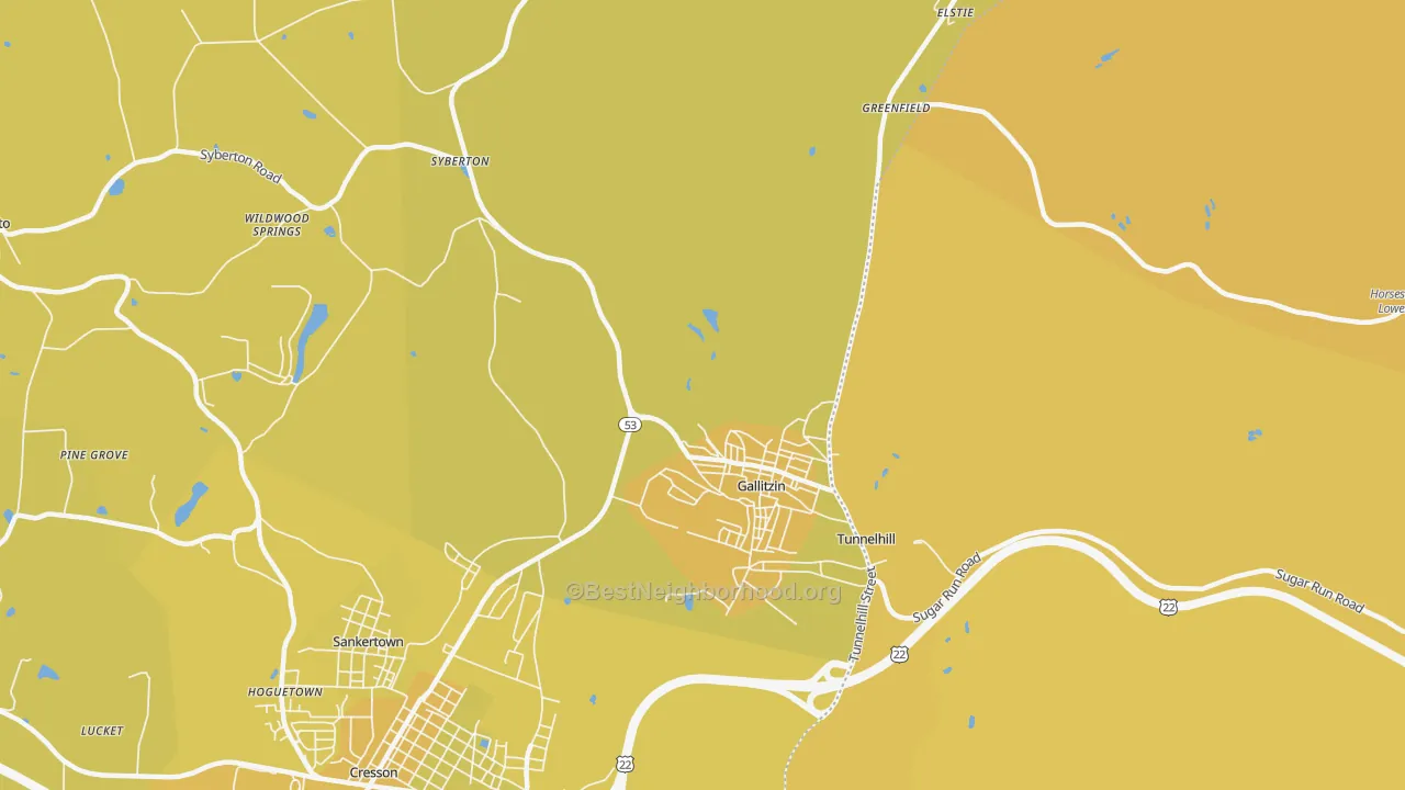 Map of the best neighborhoods in the Gallitzin area, with better matches in green and worse matches in red