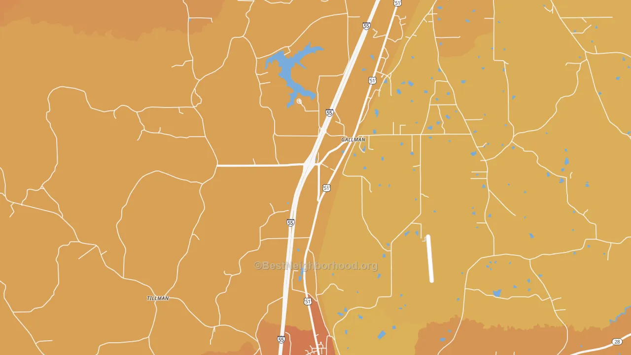 Map of the best neighborhoods in the Gallman area, with better matches in green and worse matches in red
