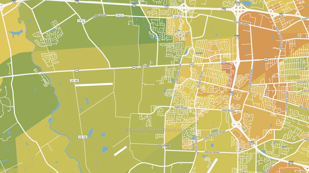 Map of the best neighborhoods in the Galloway area, with better matches in green and worse matches in red