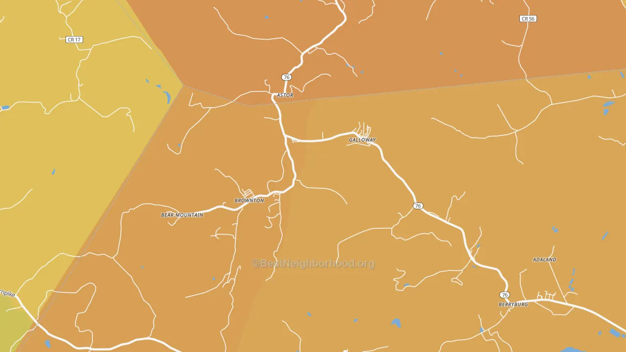 Map of the best neighborhoods in the Galloway area, with better matches in green and worse matches in red