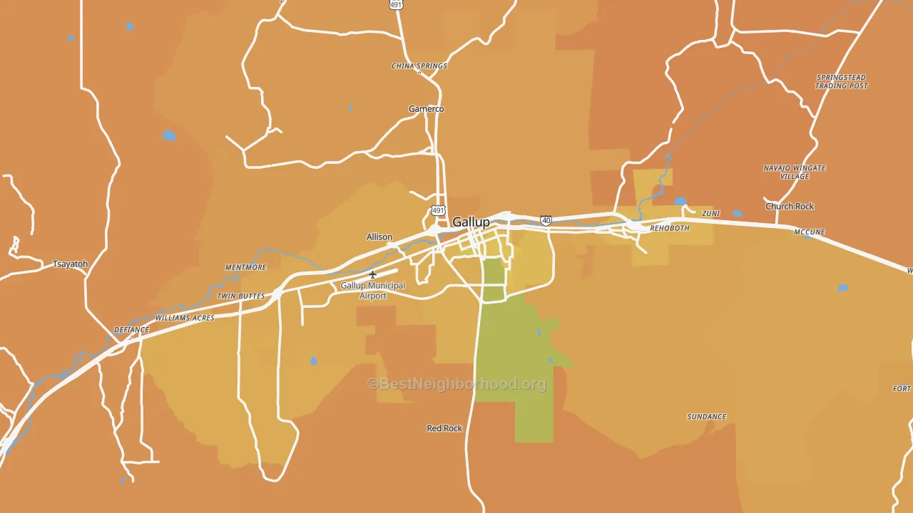 Map of the best neighborhoods in the Gallup area, with better matches in green and worse matches in red