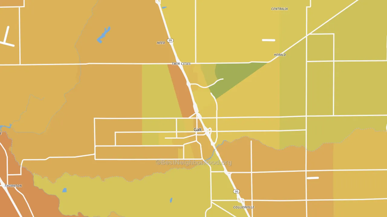 Map of the best neighborhoods in the Galt area, with better matches in green and worse matches in red
