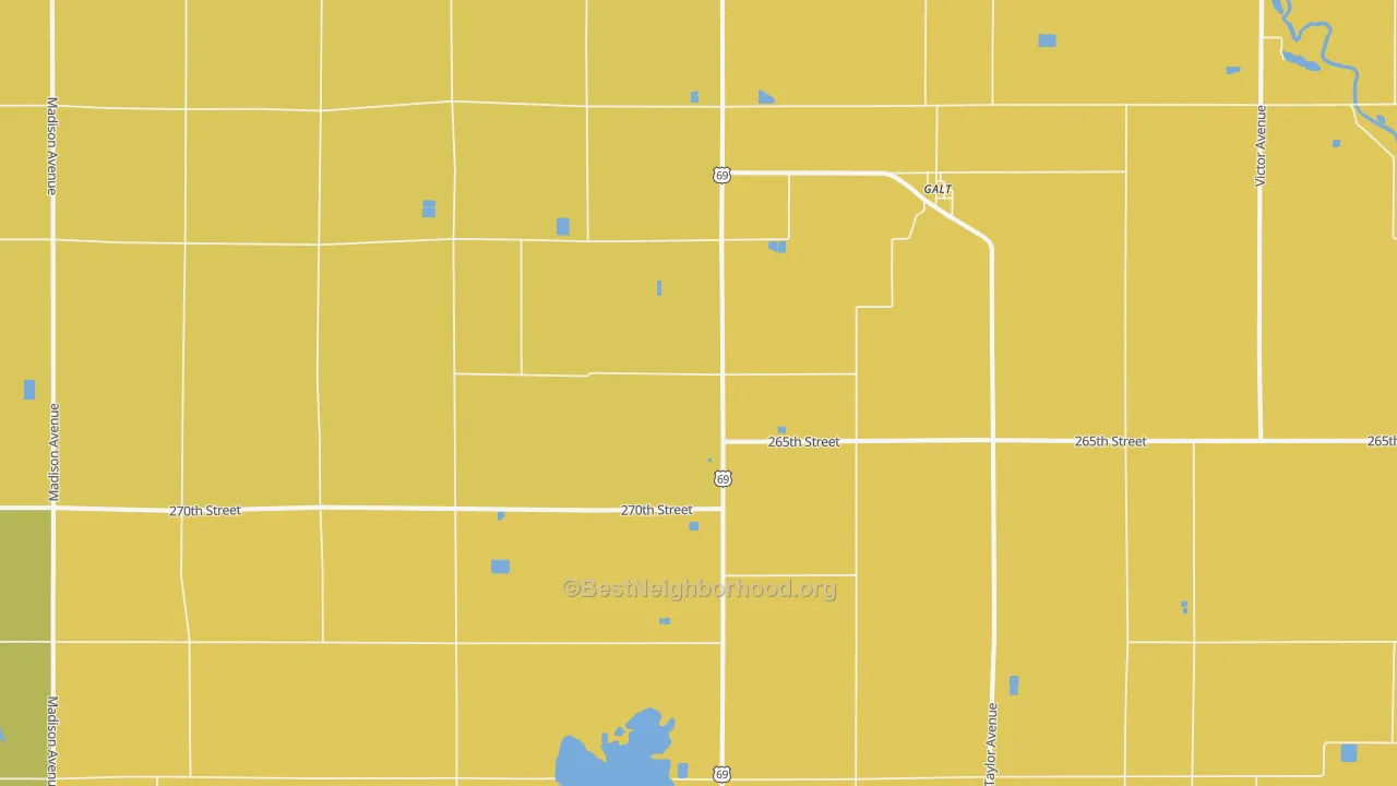 Map of the best neighborhoods in the Galt area, with better matches in green and worse matches in red