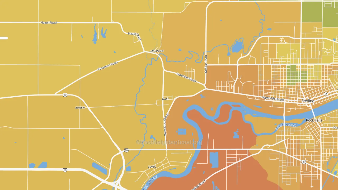 Map of the best neighborhoods in the Galt area, with better matches in green and worse matches in red