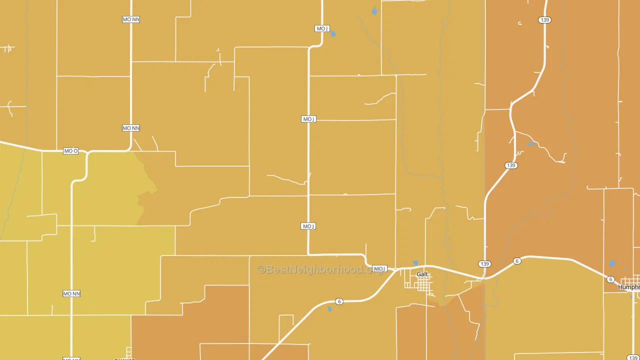 Map of the best neighborhoods in the Galt area, with better matches in green and worse matches in red