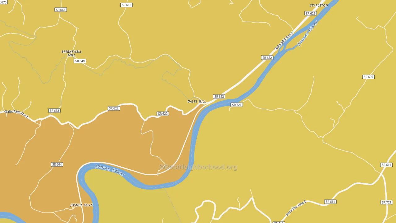 Map of the best neighborhoods in the Galts Mill area, with better matches in green and worse matches in red