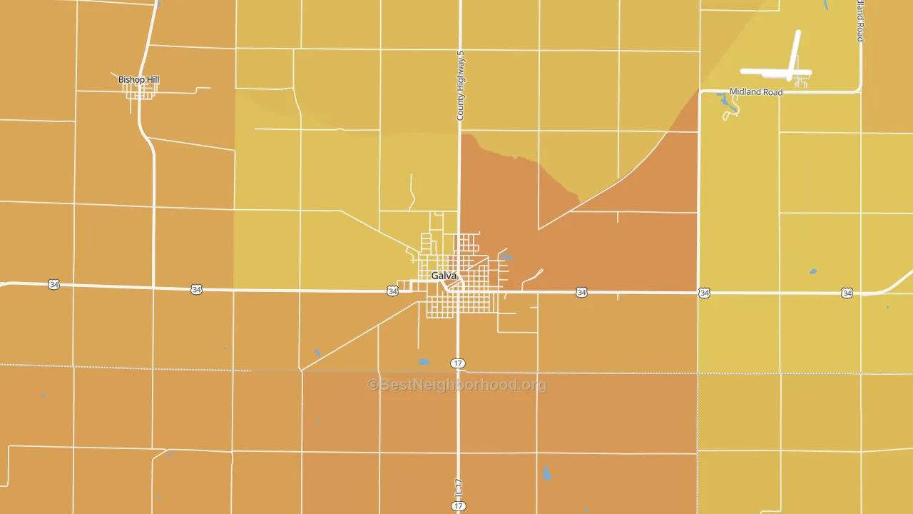 Map of the best neighborhoods in the Galva area, with better matches in green and worse matches in red