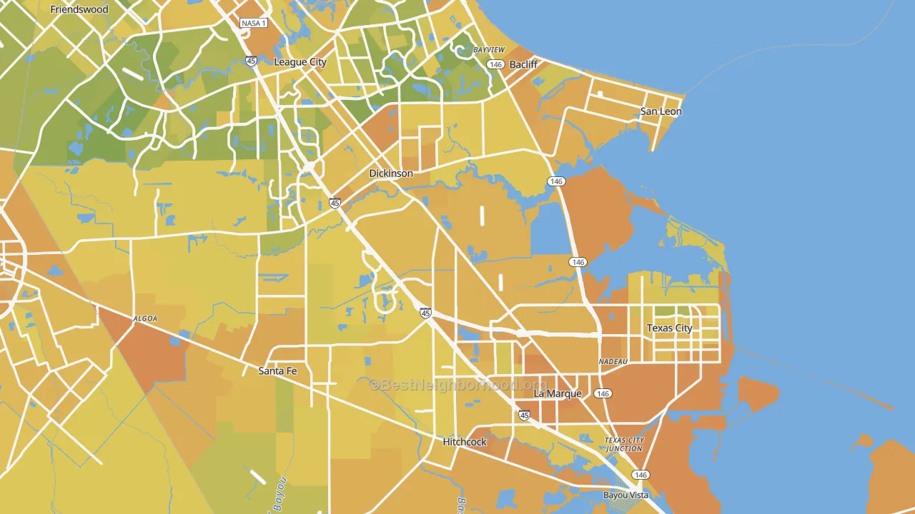 Map of the best neighborhoods in the Galveston County area, with better matches in green and worse matches in red
