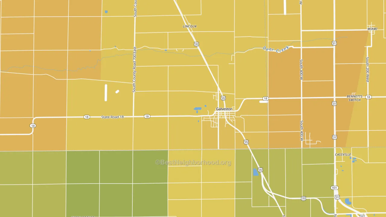 Map of the best neighborhoods in the Galveston area, with better matches in green and worse matches in red