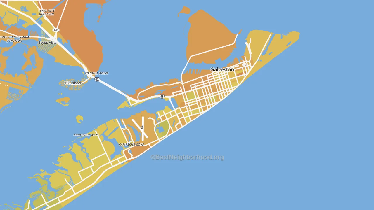 Map of the best neighborhoods in the Galveston area, with better matches in green and worse matches in red