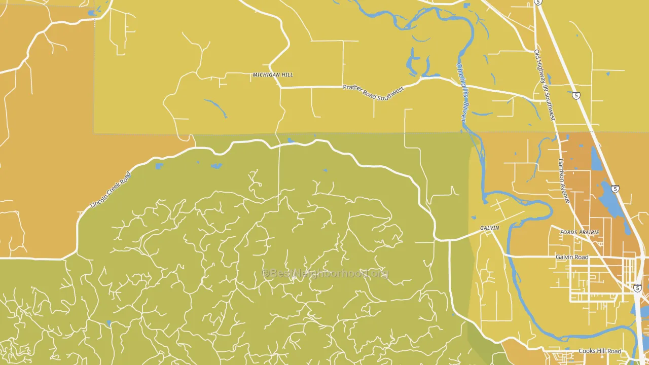 Map of the best neighborhoods in the Galvin area, with better matches in green and worse matches in red