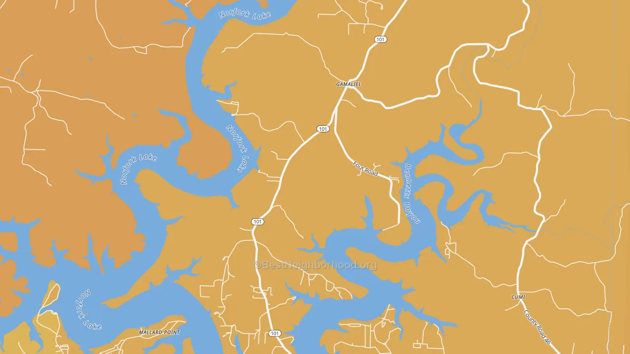 Map of the best neighborhoods in the Gamaliel area, with better matches in green and worse matches in red