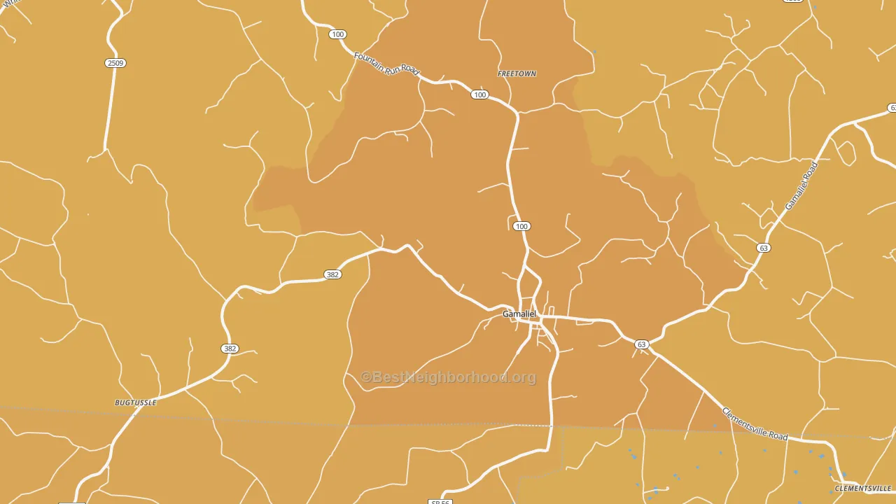 Map of the best neighborhoods in the Gamaliel area, with better matches in green and worse matches in red