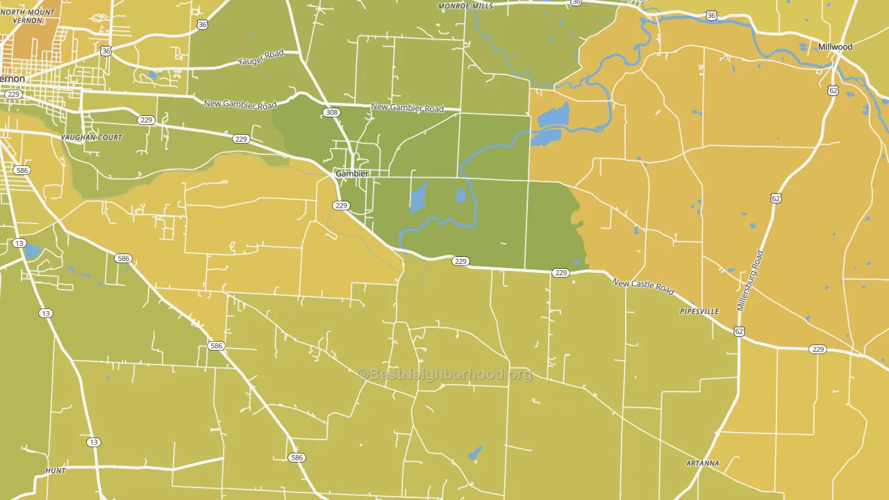 Map of the best neighborhoods in the Gambier area, with better matches in green and worse matches in red