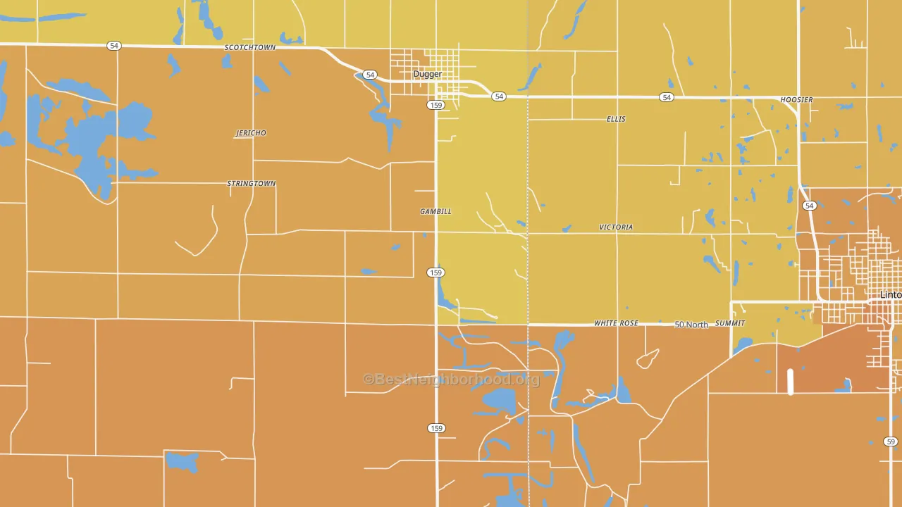 Map of the best neighborhoods in the Gambill area, with better matches in green and worse matches in red