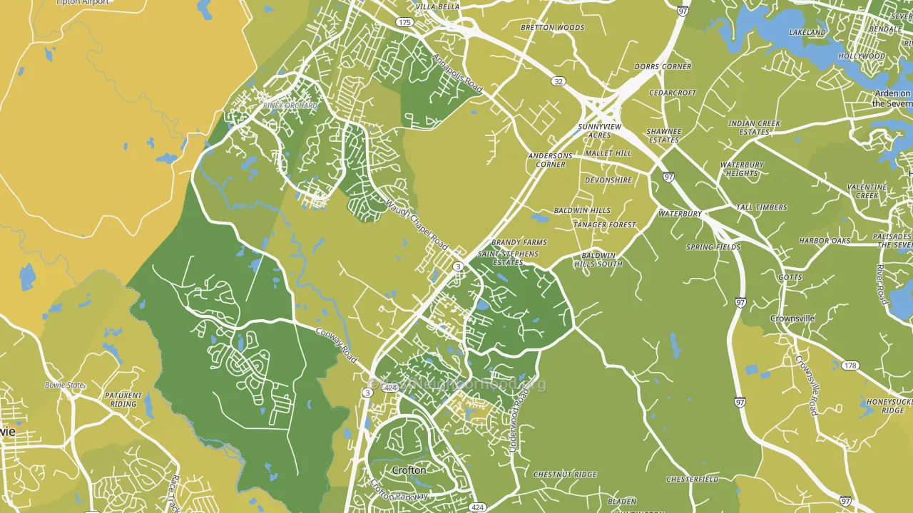 Map of the best neighborhoods in the Gambrills area, with better matches in green and worse matches in red