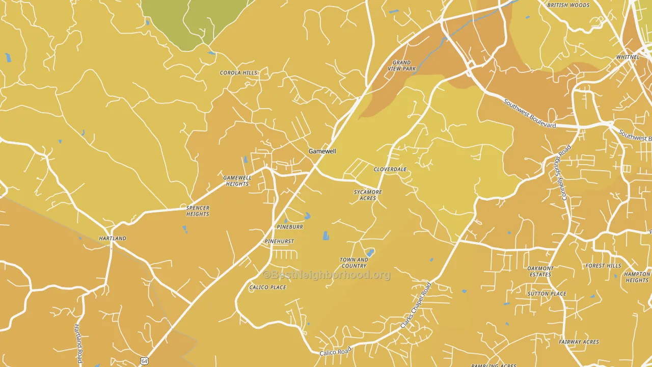 Map of the best neighborhoods in the Gamewell area, with better matches in green and worse matches in red