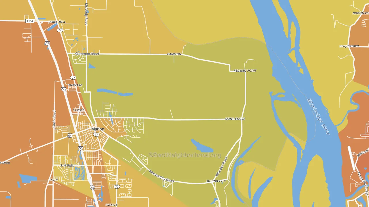 Map of the best neighborhoods in the Gammon area, with better matches in green and worse matches in red