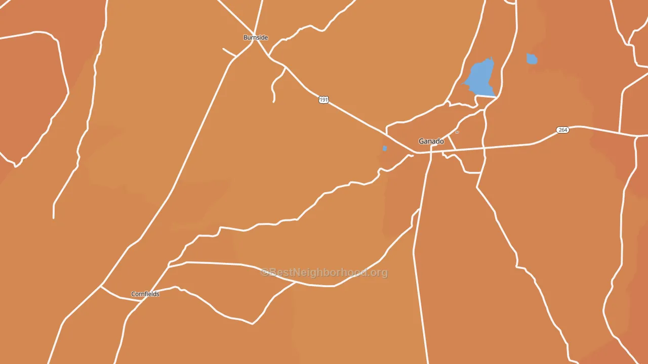 Map of the best neighborhoods in the Ganado area, with better matches in green and worse matches in red