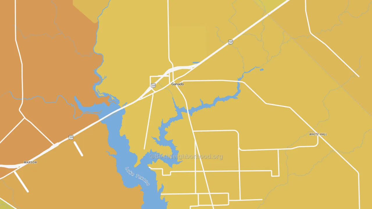 Map of the best neighborhoods in the Ganado area, with better matches in green and worse matches in red
