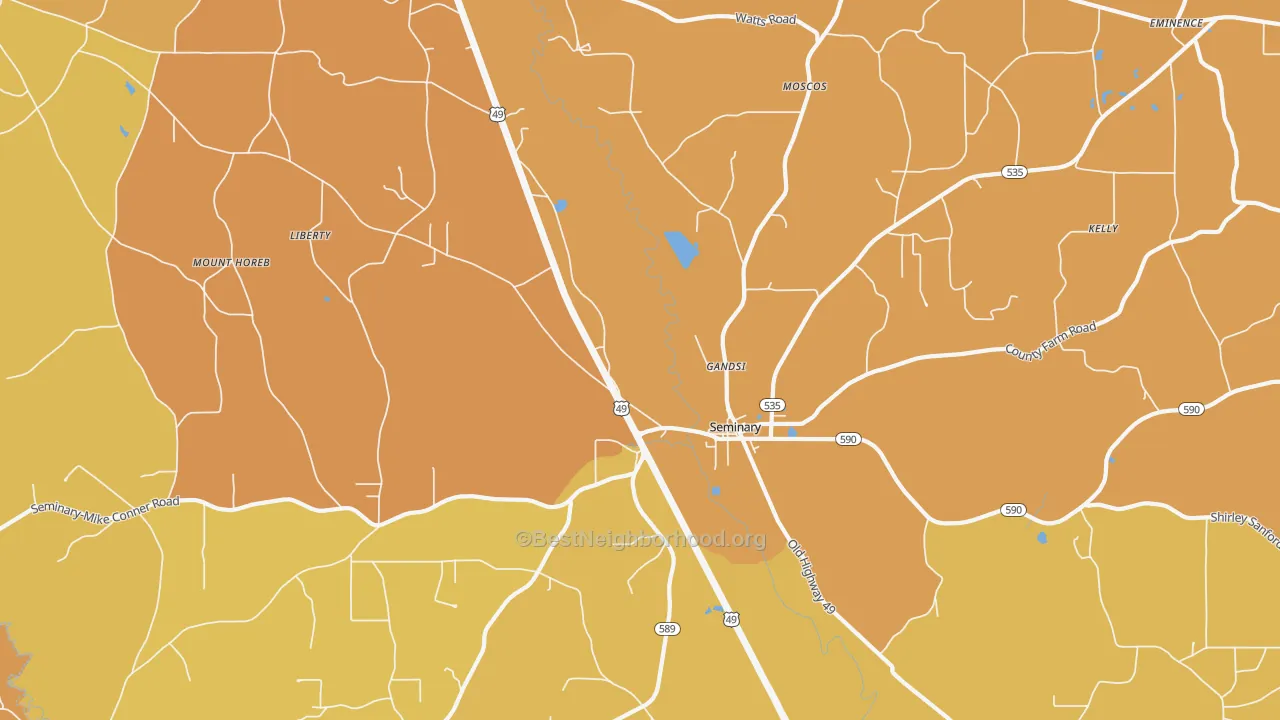 Map of the best neighborhoods in the Gandsi area, with better matches in green and worse matches in red