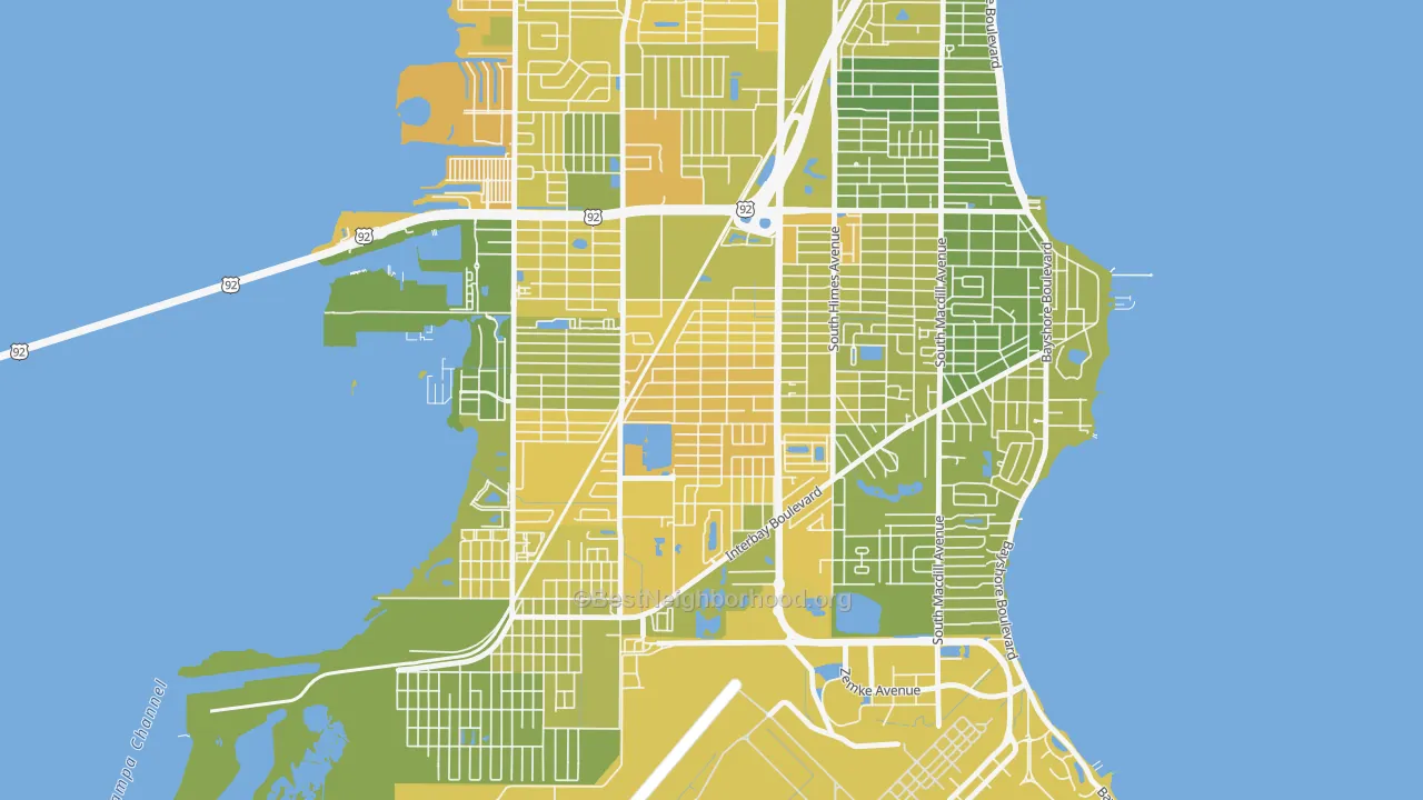 Map of the best neighborhoods in the Gandy-Sun Bay South, Tampa area, with better matches in green and worse matches in red