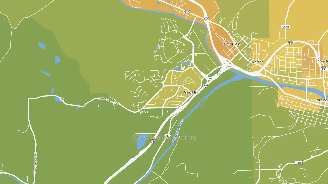 Map of the best neighborhoods in the Gang Mills area, with better matches in green and worse matches in red