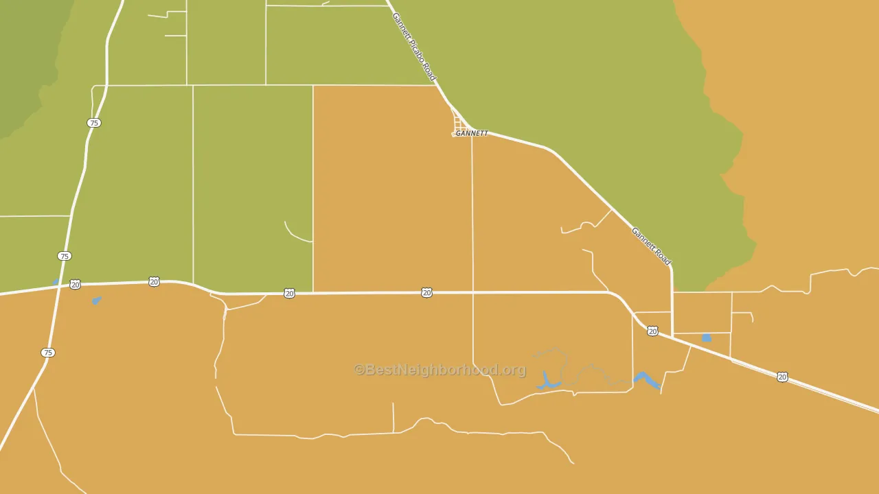 Map of the best neighborhoods in the Gannett area, with better matches in green and worse matches in red