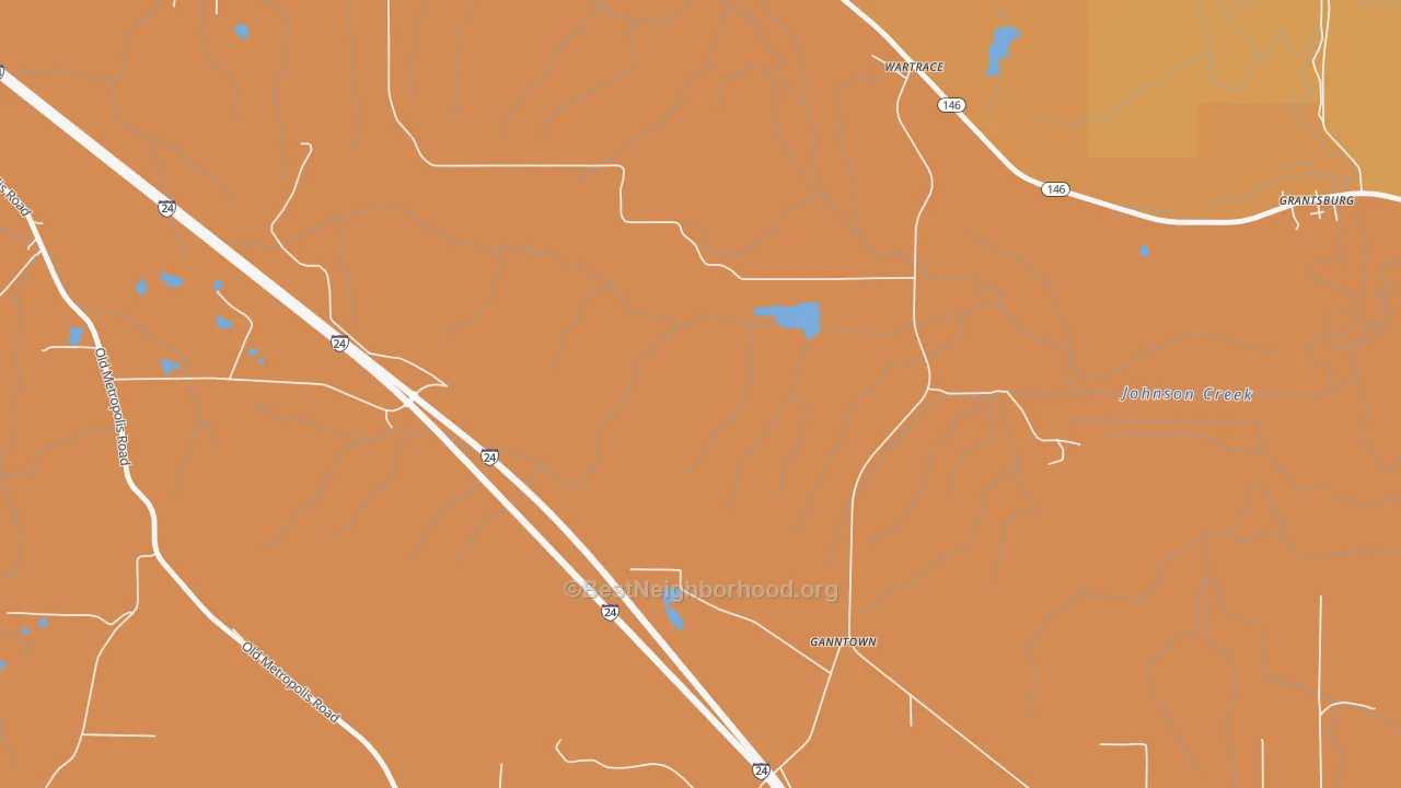 Map of the best neighborhoods in the Ganntown area, with better matches in green and worse matches in red
