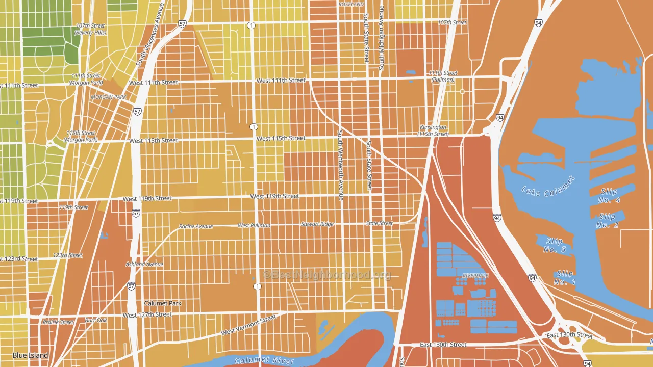 Map of the best neighborhoods in the Gano, Chicago area, with better matches in green and worse matches in red