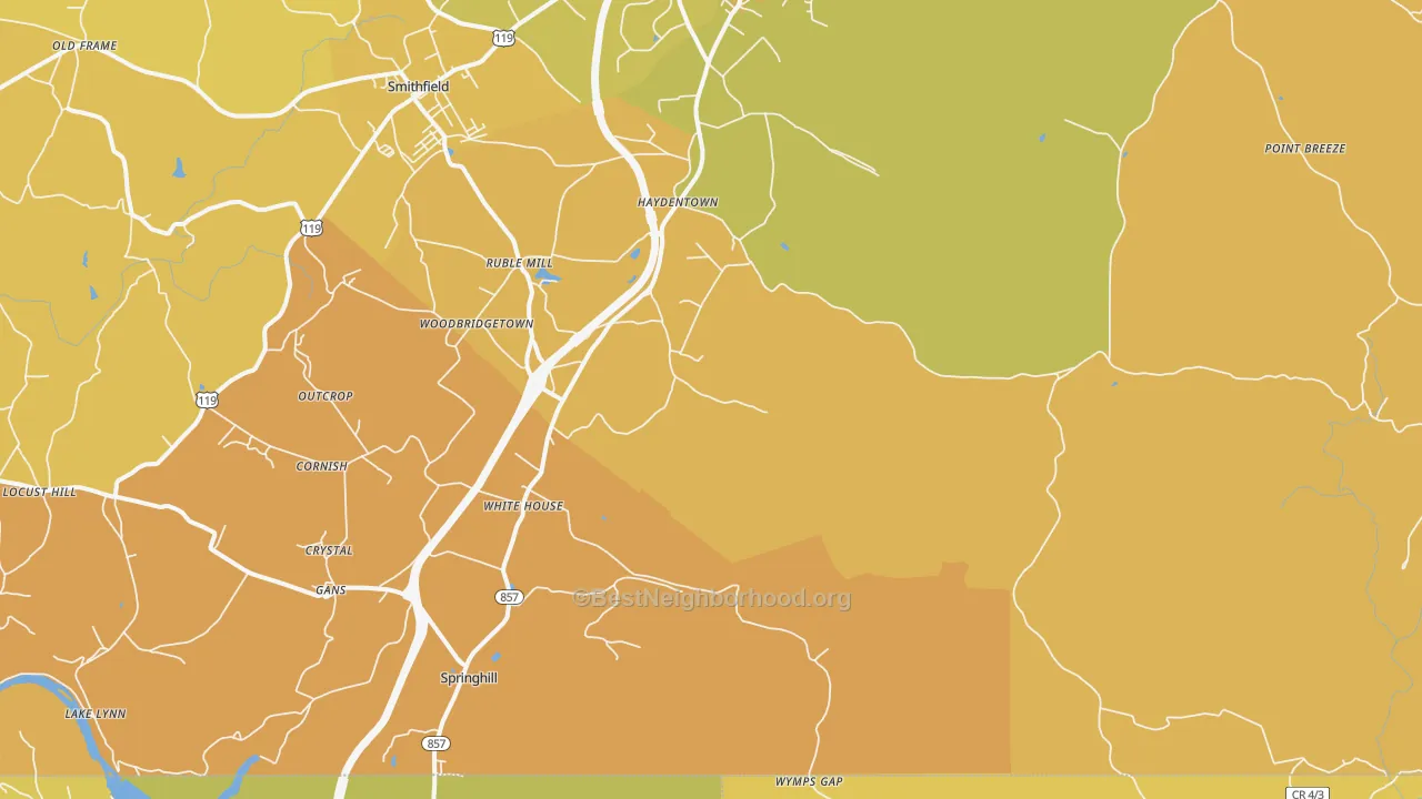 Map of the best neighborhoods in the Gans area, with better matches in green and worse matches in red