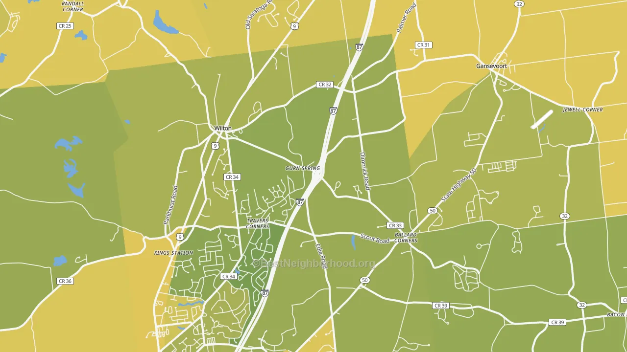 Map of the best neighborhoods in the Gansevoort area, with better matches in green and worse matches in red