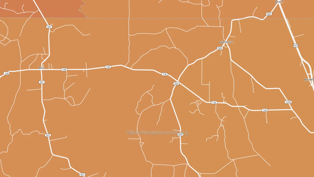 Map of the best neighborhoods in the Gansville area, with better matches in green and worse matches in red