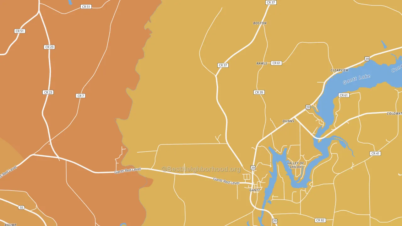 Map of the best neighborhoods in the Gantt area, with better matches in green and worse matches in red